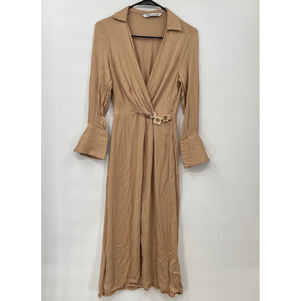Zara XS‎ Tan Midi Dress Long Sleeve Collared Faux Wrap Buckle Detail Career